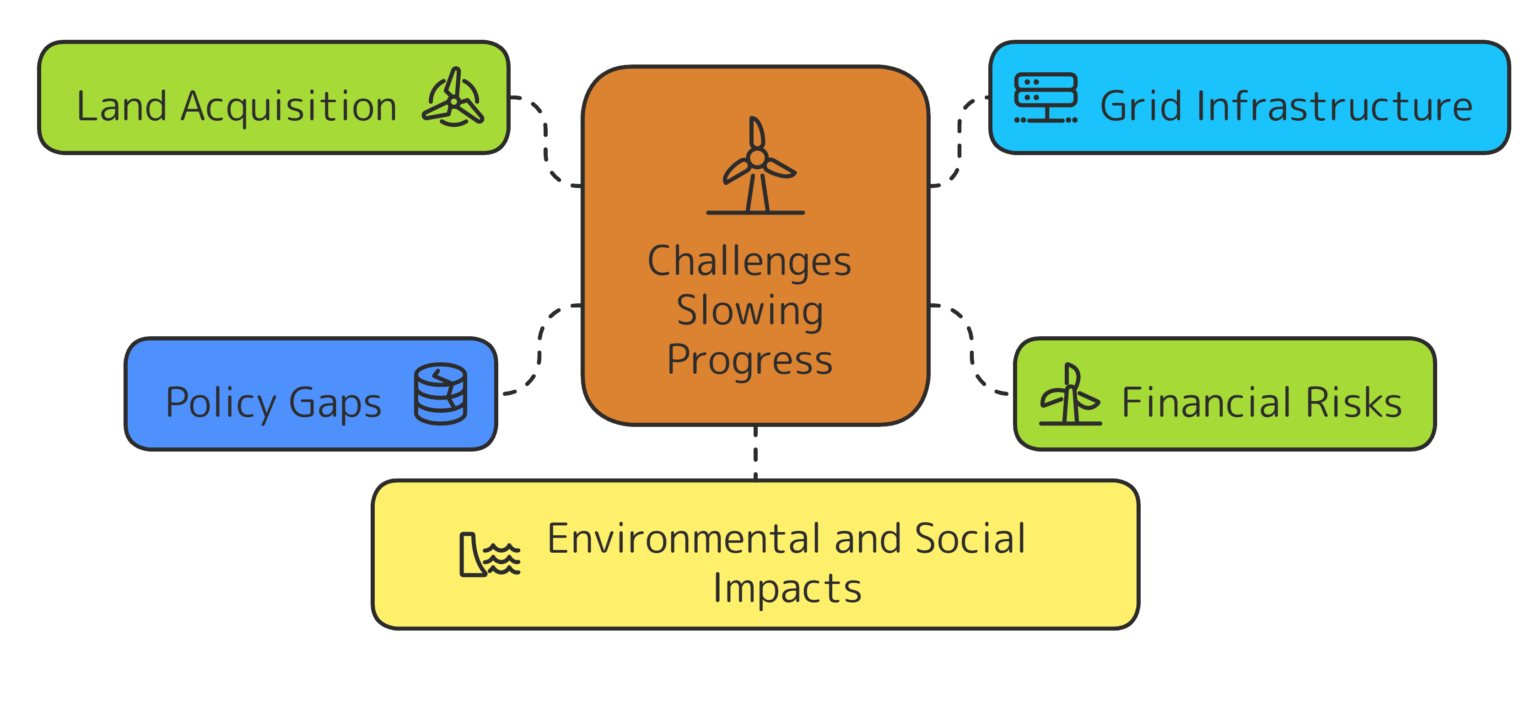 Diagram illustrating key challenges: Land Acquisition, Grid Infrastructure, Financial Risks, Policy Gaps, and Environmental Impacts