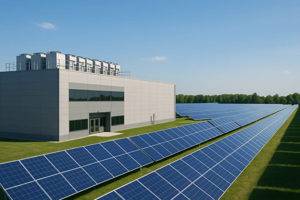 A data centre building surrounded by large solar installations
