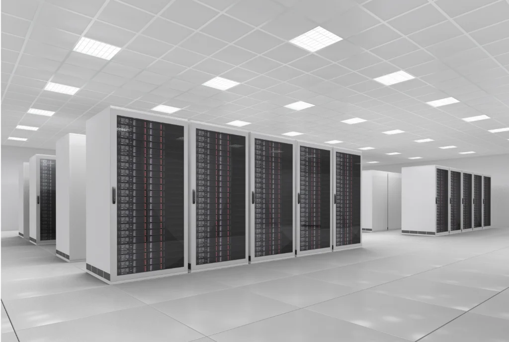 A modern white data hall with server racks