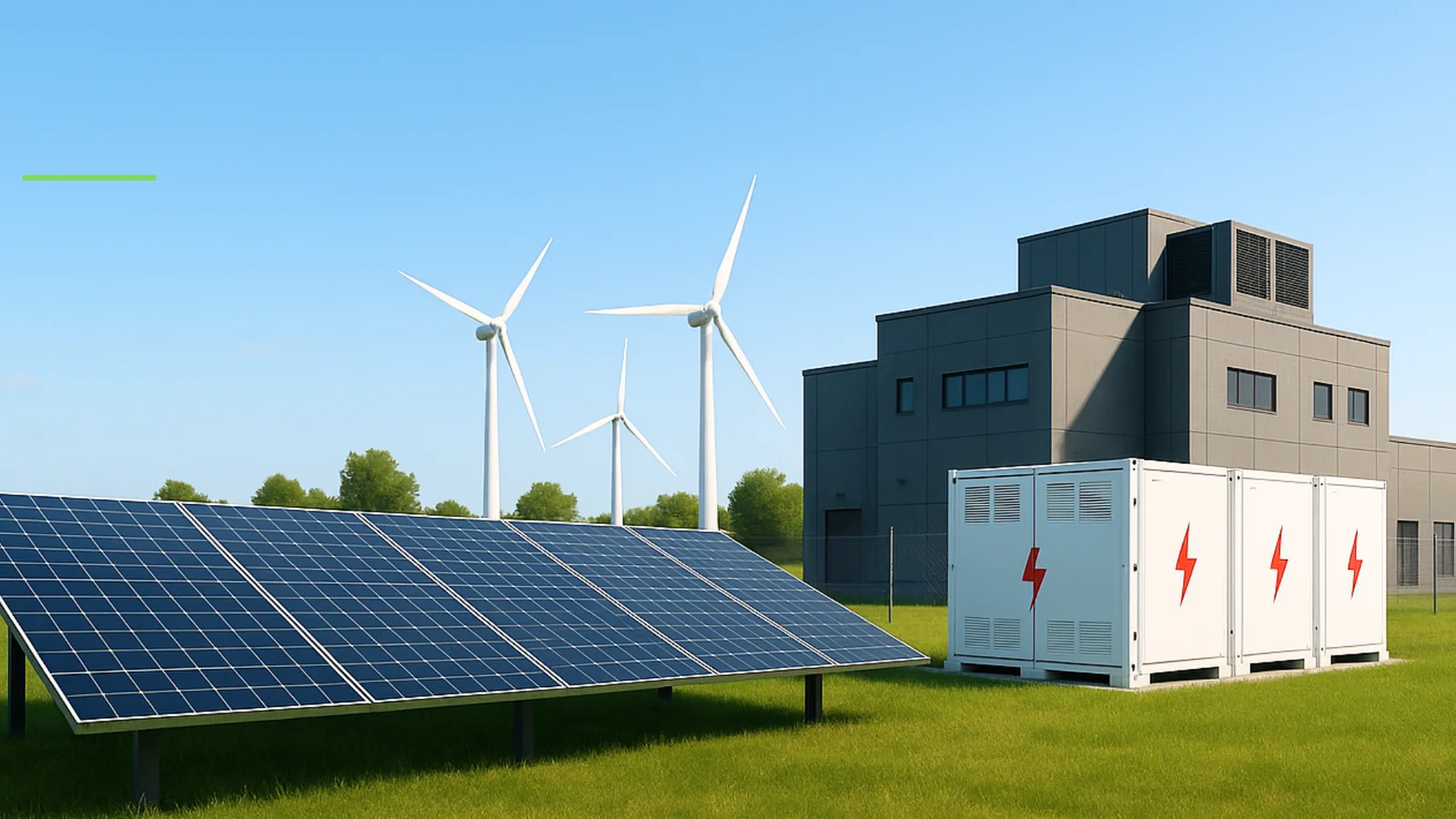 Solar panels, wind turbines and a data centre building