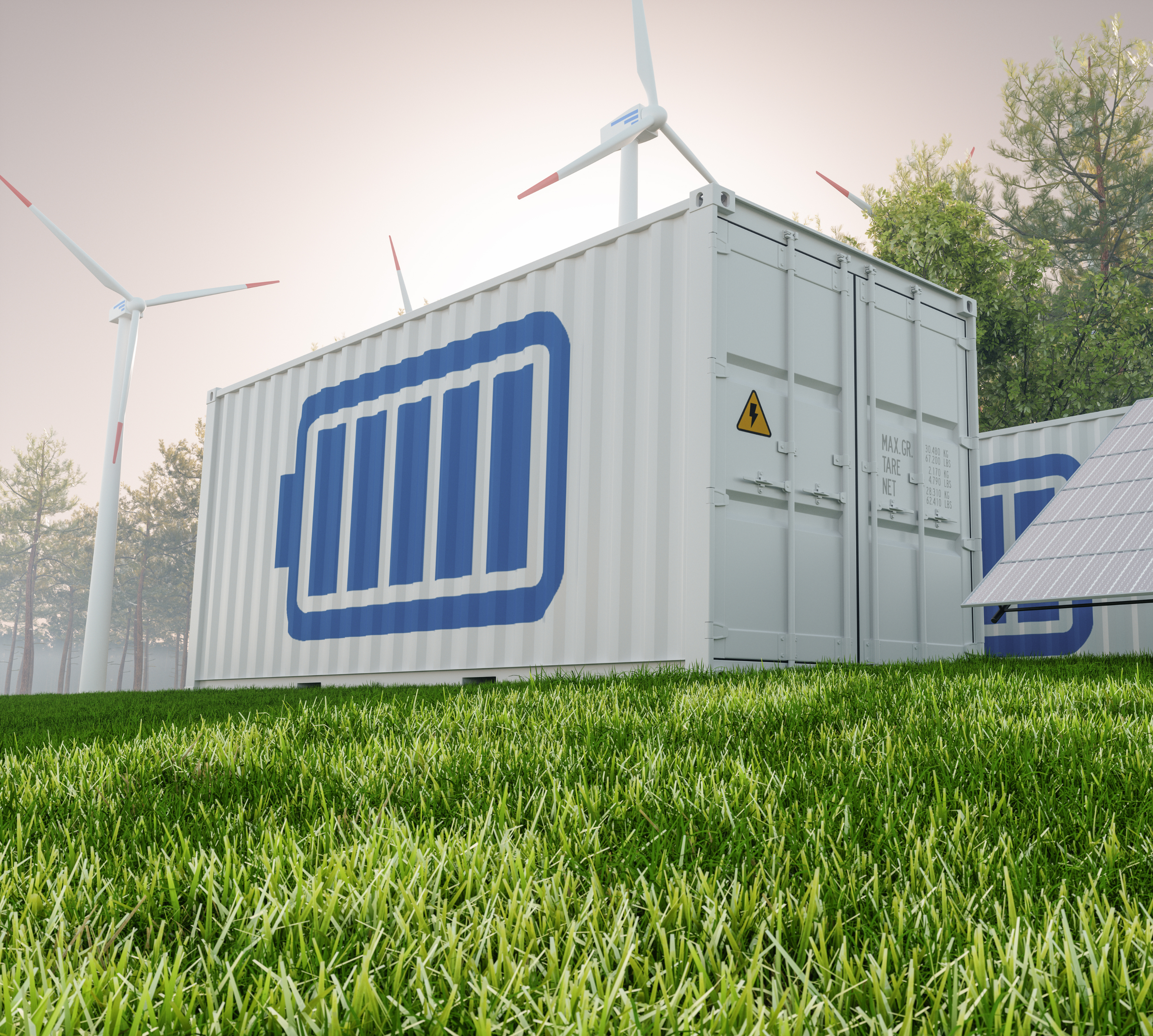 Industrial battery storage containers integrated with wind and solar power