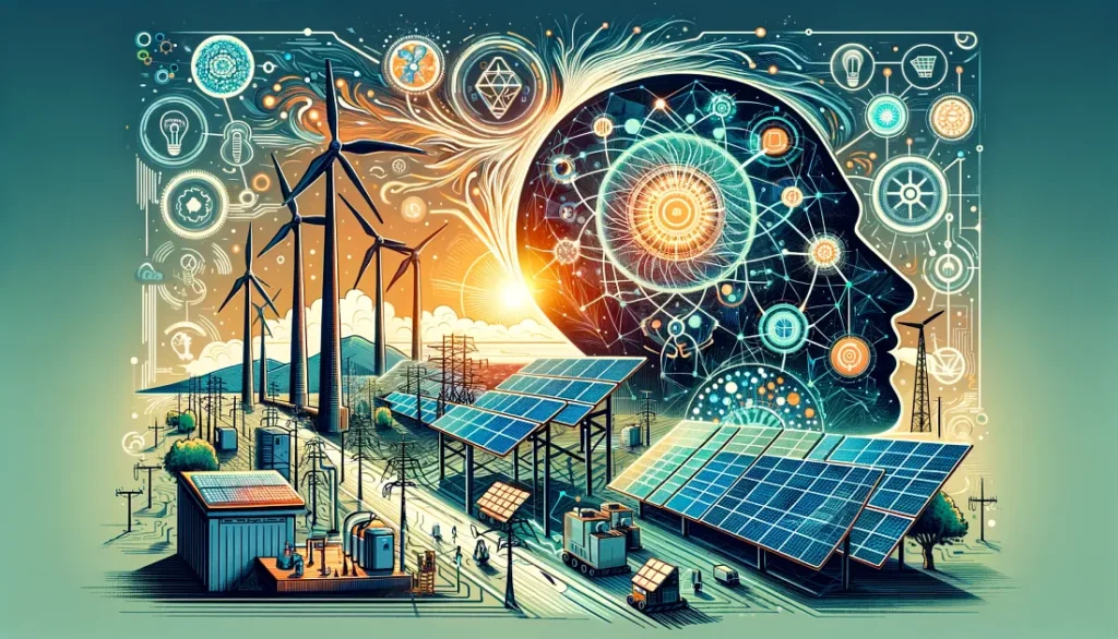 Digital representation of AI head merging with wind and solar energy infrastructure