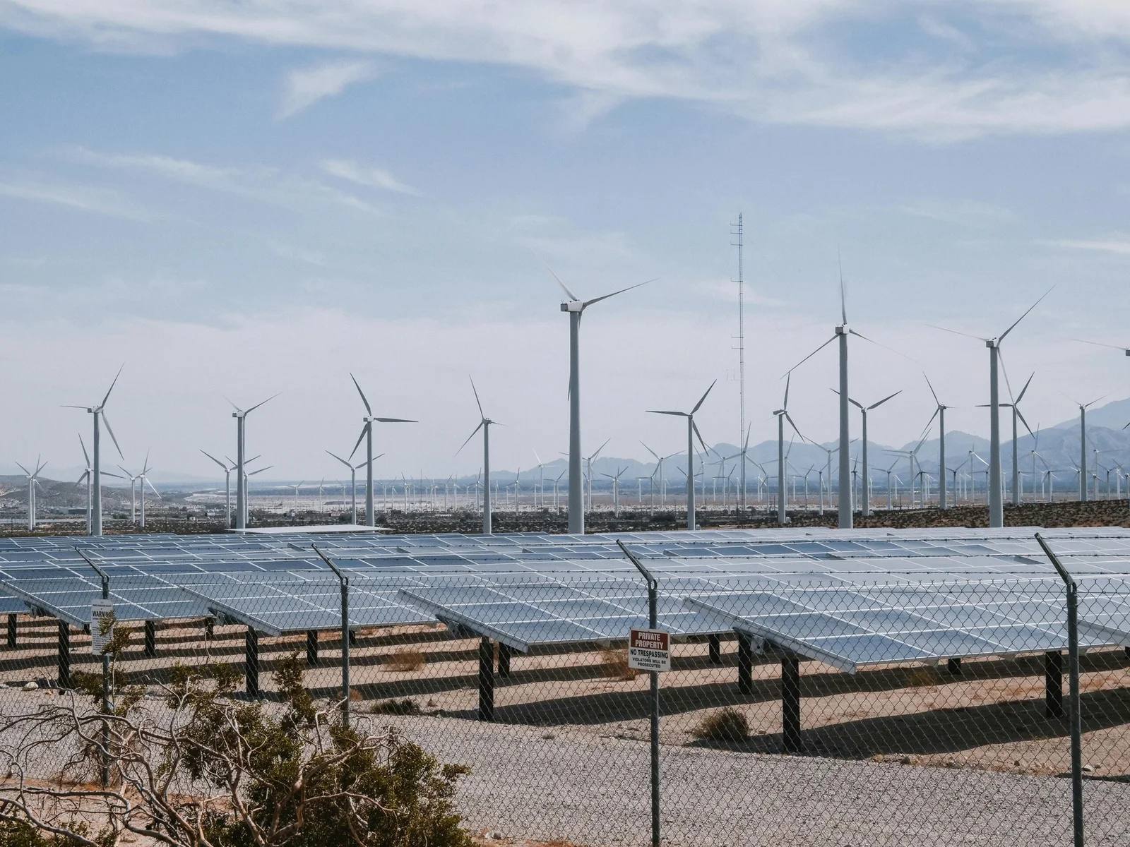 Solar panels and wind turbines under a clear sky