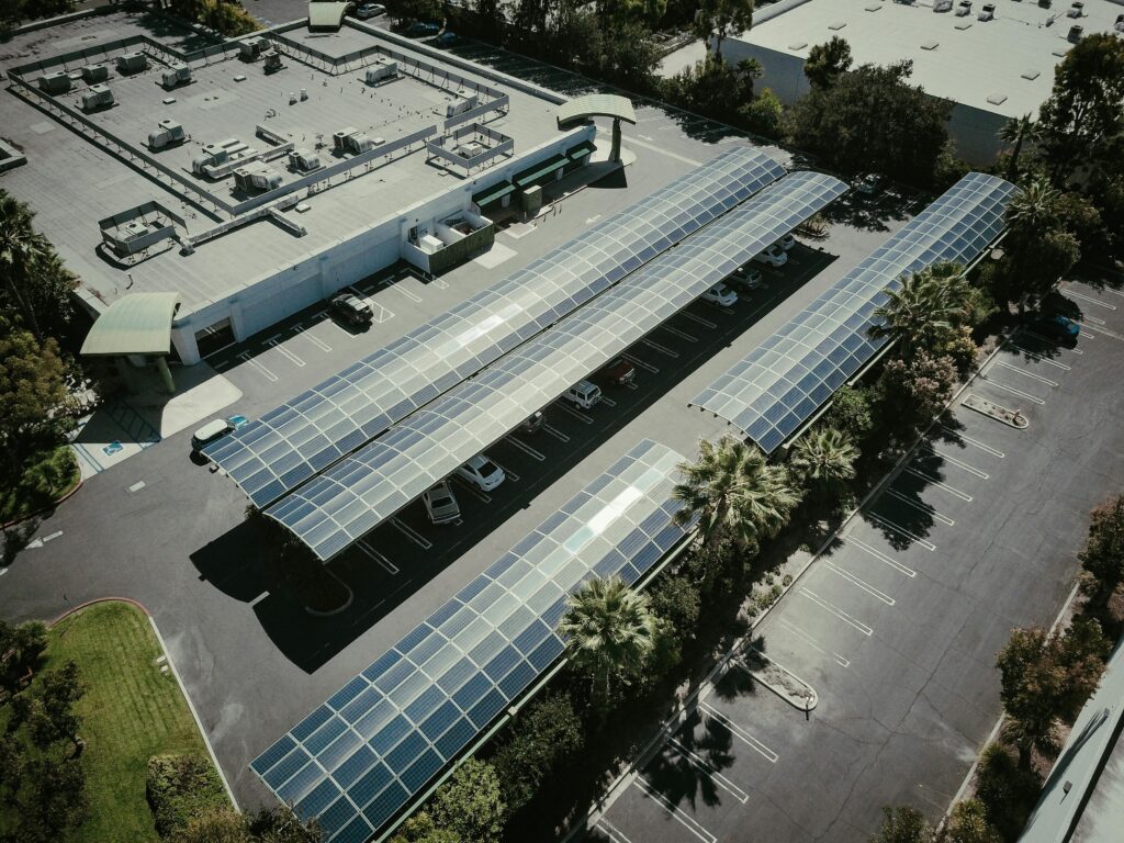 Solar-powered parking lot infrastructure in a modern urban setting