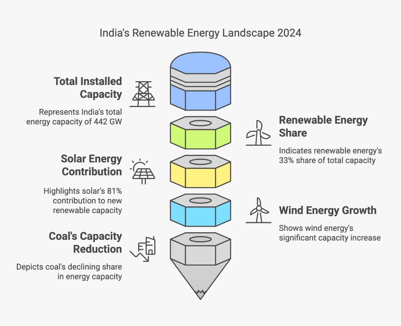Infographic showing India's 2030 targets: 500 GW non-fossil capacity, 50% energy from renewables, 45% reduction in carbon intensity, and cutting 1 billion tonnes of emissions