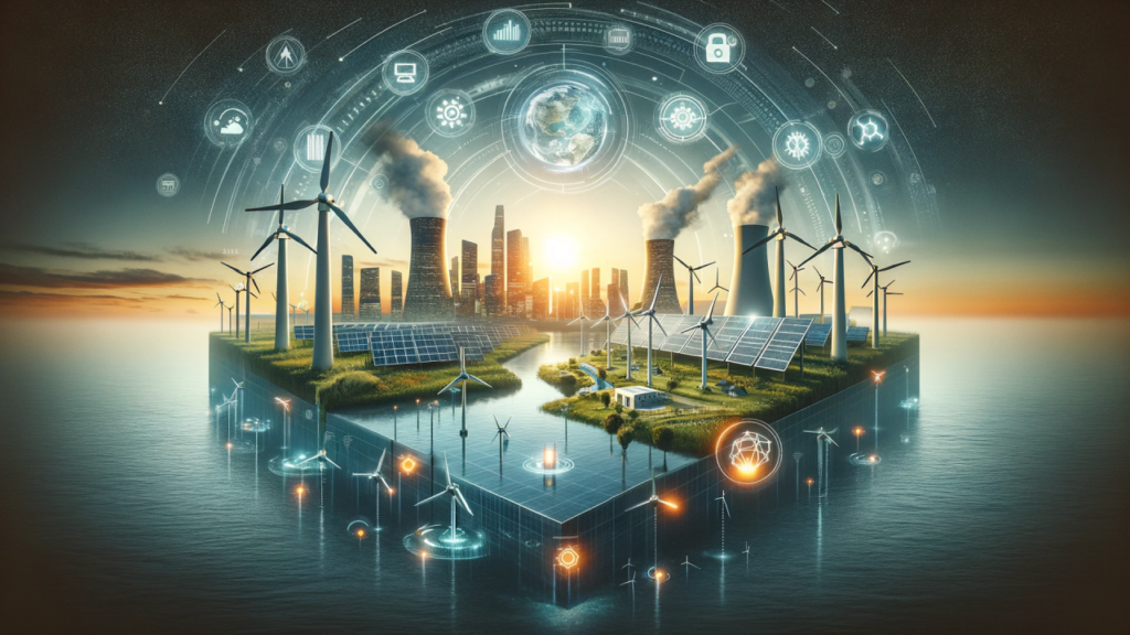 Isometric digital landscape showing integrated wind turbines, solar panels, and smart city infrastructure