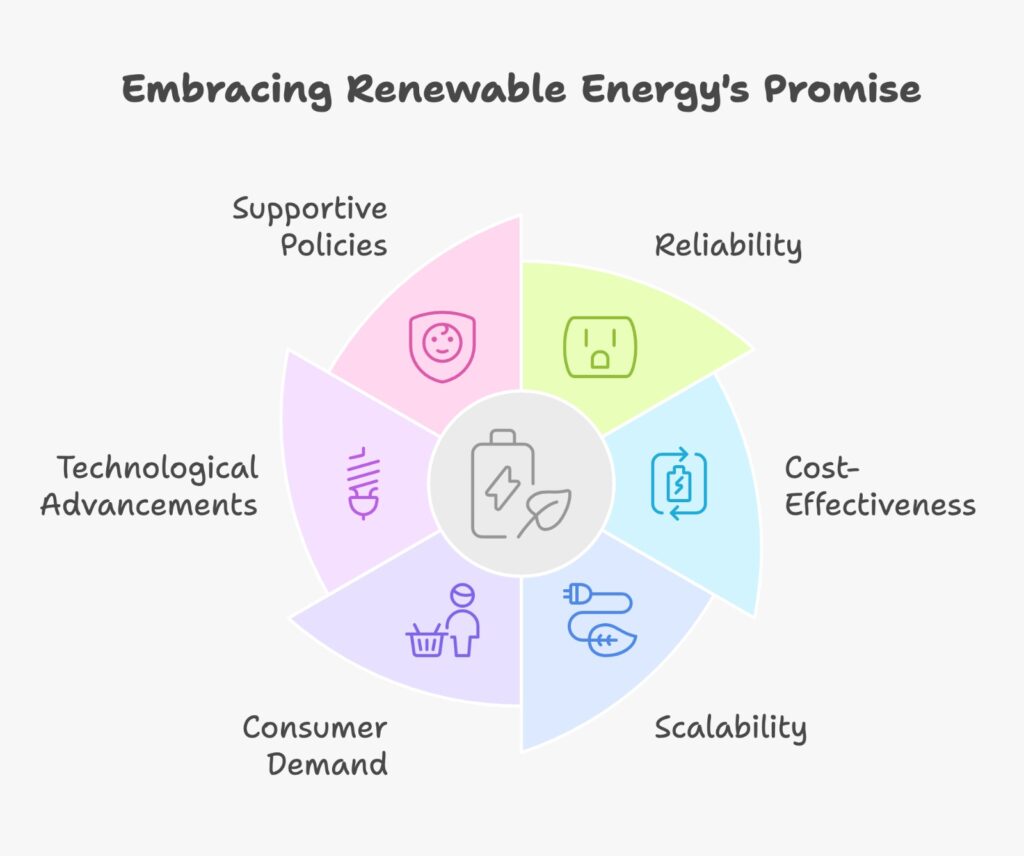 Graphic showing the pillars of renewable energy's promise: Supportive Policies, Technological Advancements, Consumer Demand, Reliability, Cost-Effectiveness, and Scalability